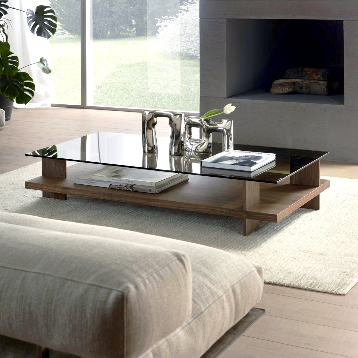 Glass and deals walnut coffee table